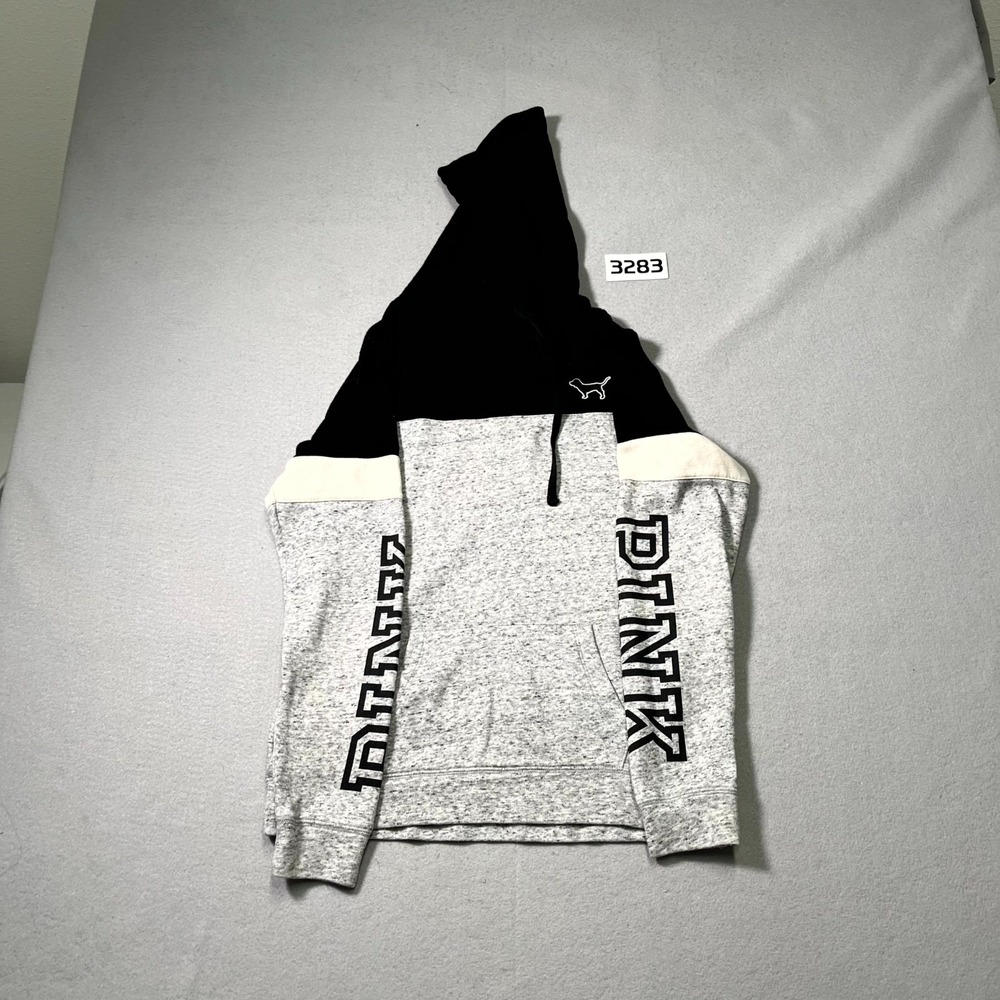 PINK‎ Victoria's Secret Hoodie Womens XS Gray Black Fleece Lined Spellout Logo